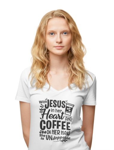 Jézussal és kávéval legyőzhetetlen vagyok - Női V-Nyakú Póló
