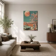 Utazó nő óriás bolygó alatt retro szürreális vászonkép