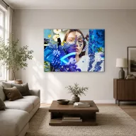 Kék virágos kollázs portré neon fénnyel vászonkép