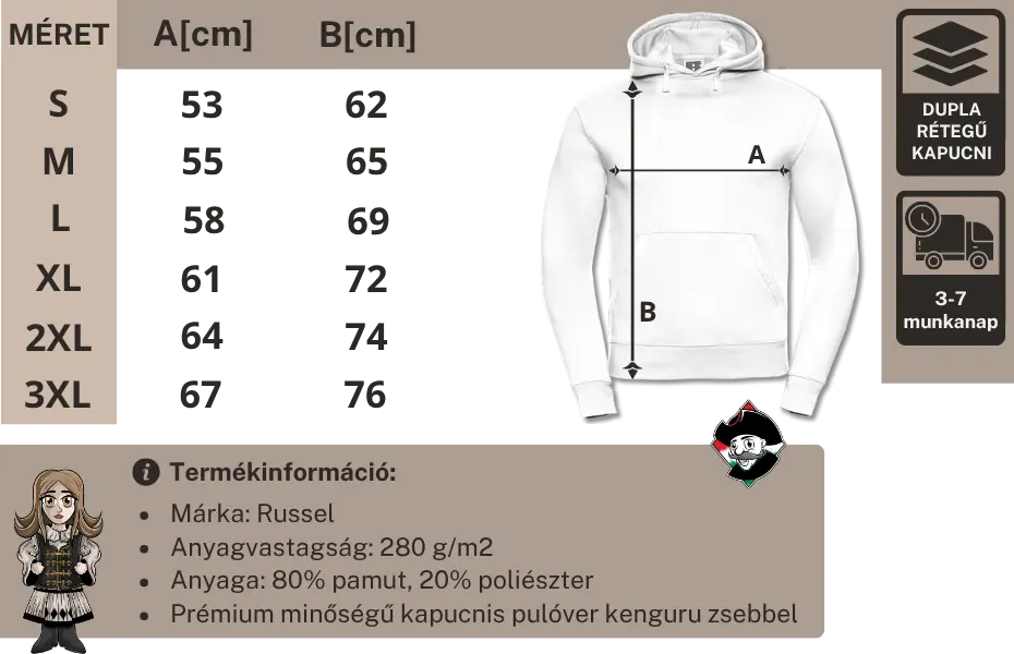 Prémium pulcsi  mérettáblázat
